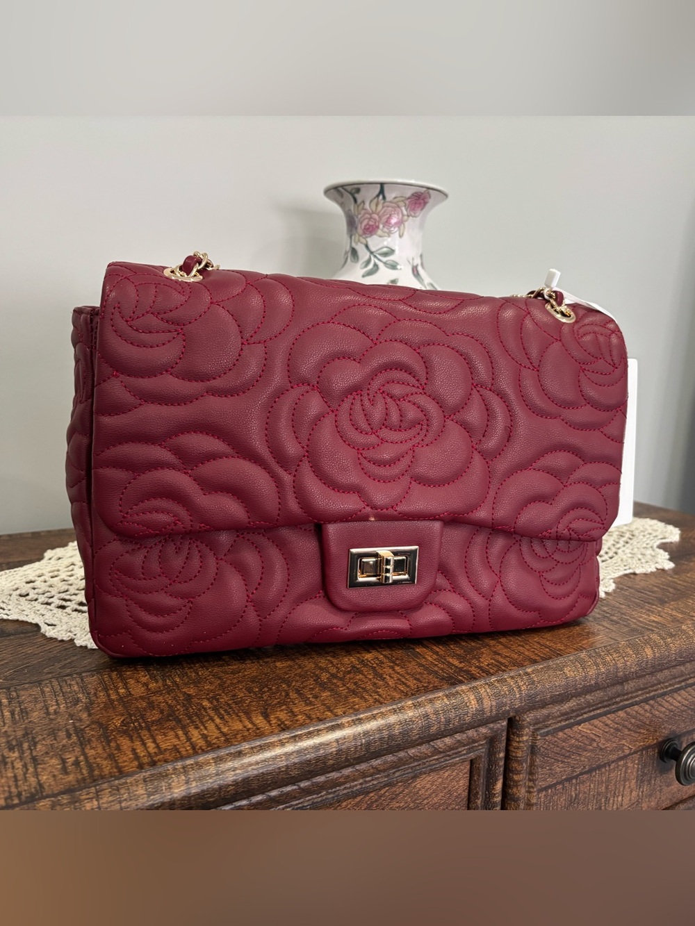 Noli Alessia Rose Embossed Leather Bag- Merlot